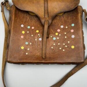 Vintage Capri Woven Leather Satchel Hand Made Artisanal Floral Colorful Thick